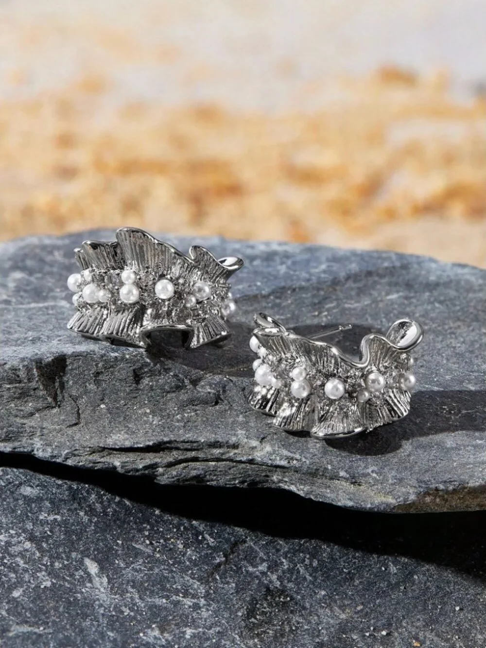 Silver Textured Wave Pearl Cluster Earrings